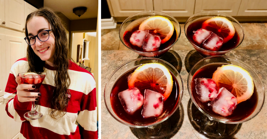 A university student enjoying a pomegranate flavoured cocktail the day before her graduation, plus a close-up of the cocktail